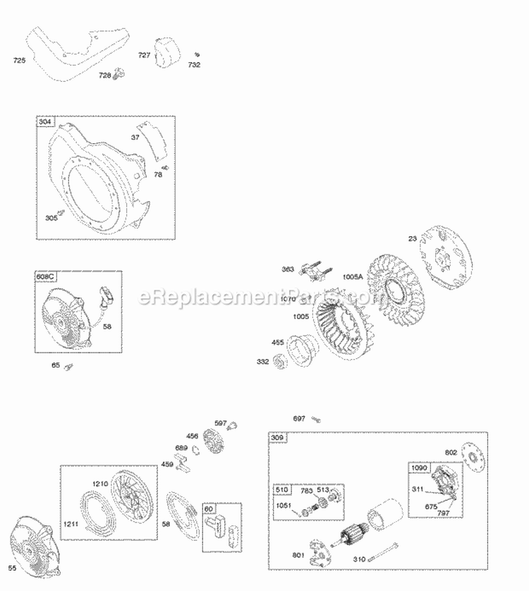Blower Housing Electric Starter Flywheel Rewind Starter Diagram and Parts List for  Briggs and Stratton Engine